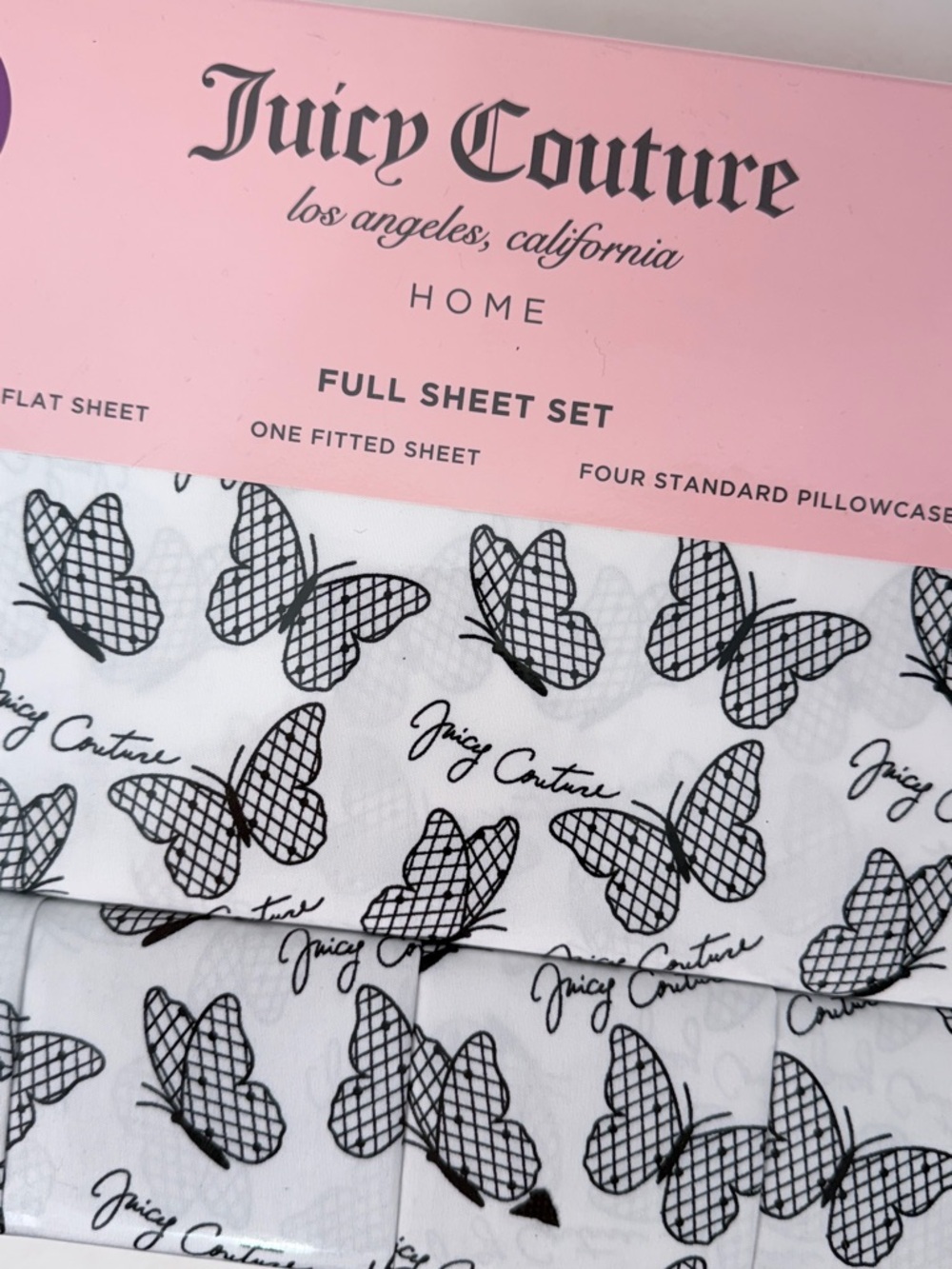 Juicy Couture Butterfly Print Full Sheet Set 6 Piece Bedding White Black Full - Picture 5 of 6